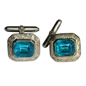 Vintage 1940s Taxco, Mexico Sterling Silver & London Blue Topaz Glass Cuff Links